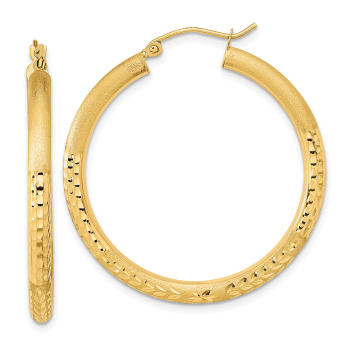 14k Polished Satin and Diamond-cut Hoop Earrings-TF1041