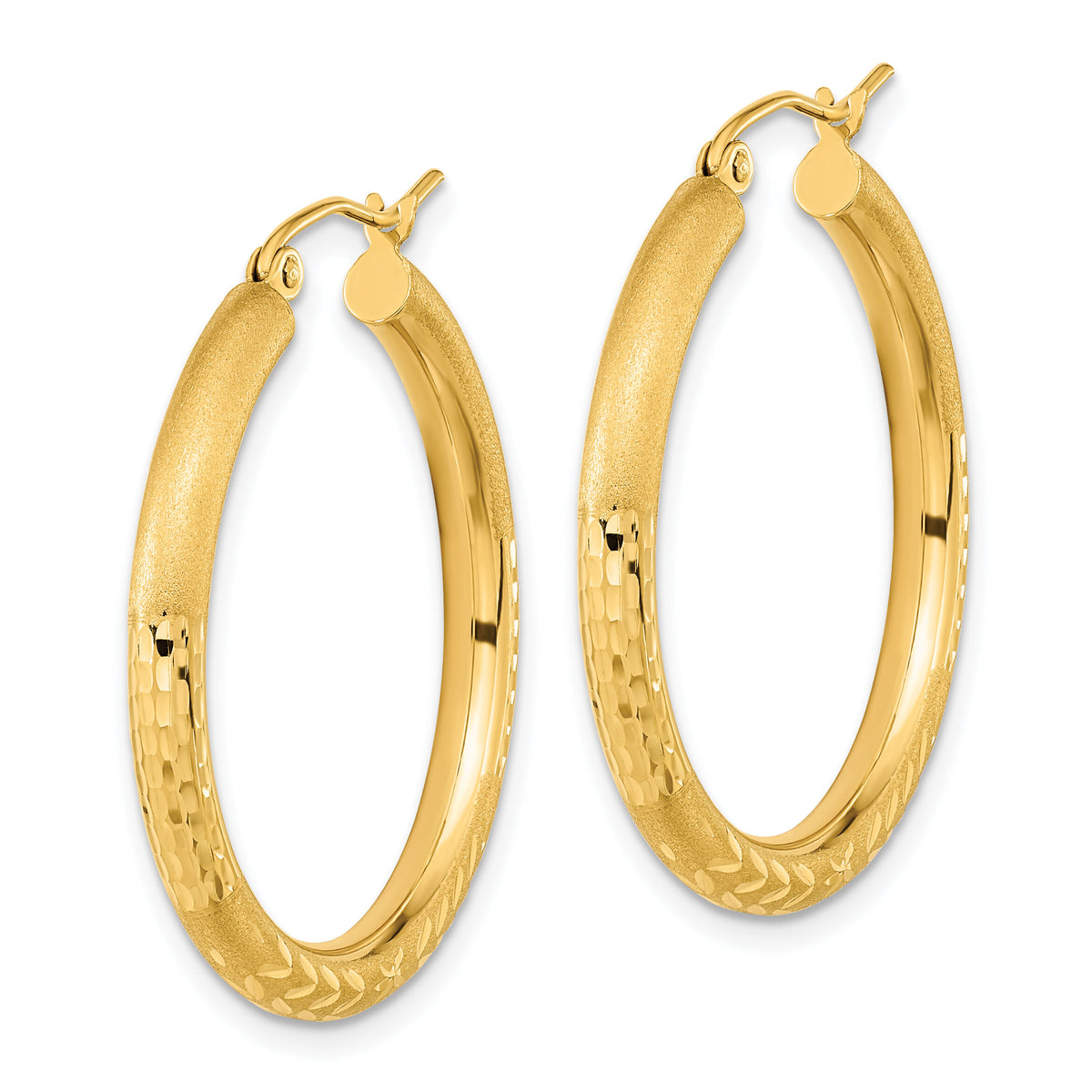 14k Polished Satin and Diamond-cut Hoop Earrings-TF1042