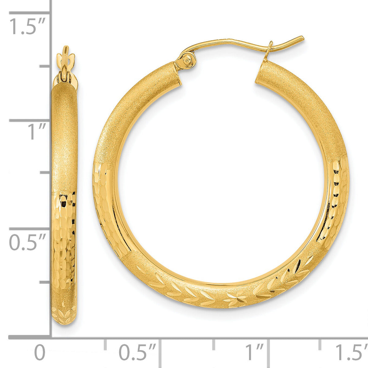 14k Polished Satin and Diamond-cut Hoop Earrings-TF1042