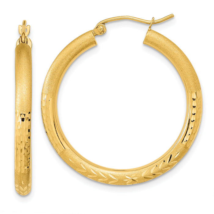 14k Polished Satin and Diamond-cut Hoop Earrings-TF1042