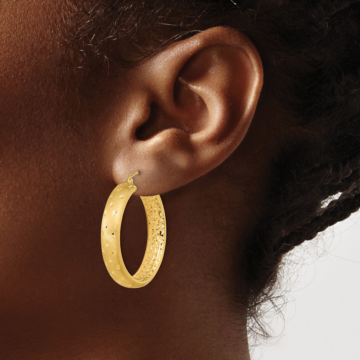 14k Polished Satin and Diamond-cut Hoop Earrings-TF1045