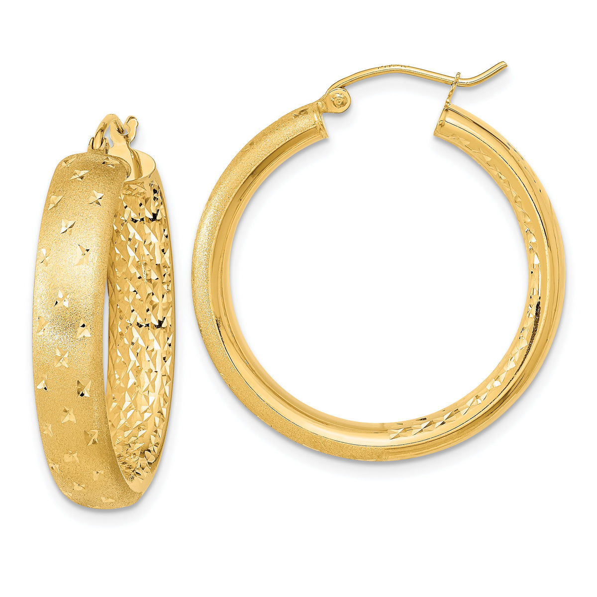 14k Polished Satin and Diamond-cut Hoop Earrings-TF1045