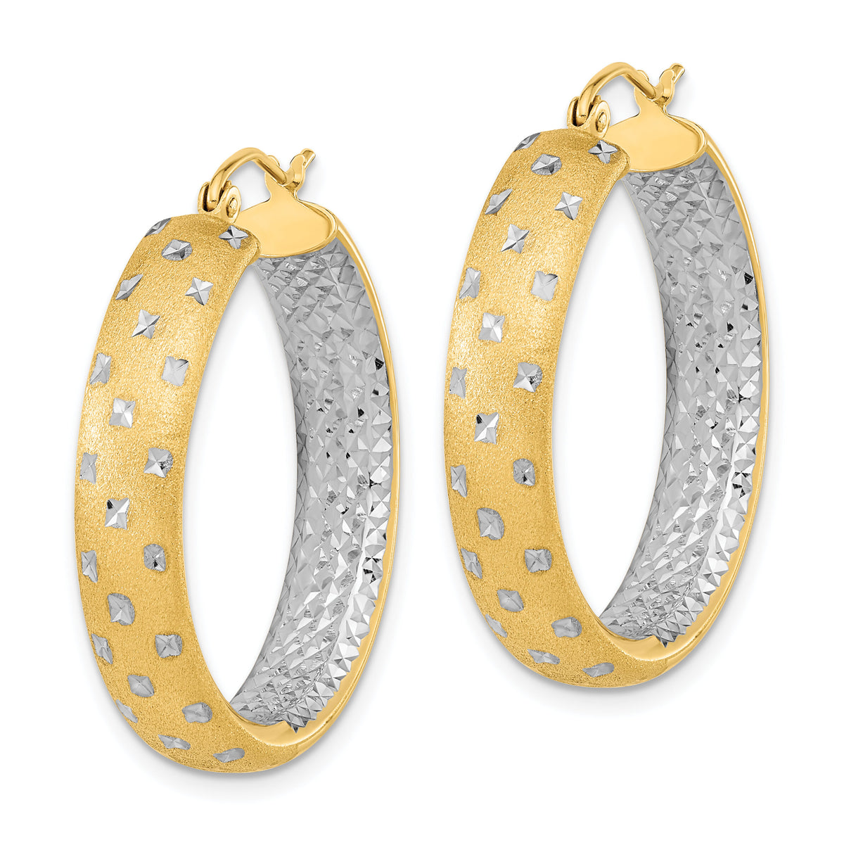 14k White Rhodium Polished Satin Diamond-cut In/Out Hoop Earrings-TF1045TT