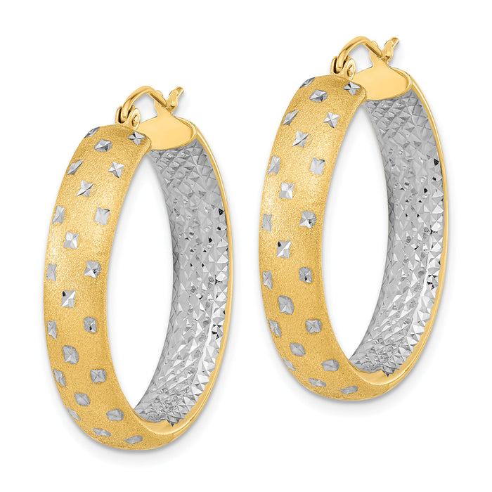 14k White Rhodium Polished Satin Diamond-cut In/Out Hoop Earrings-TF1045TT