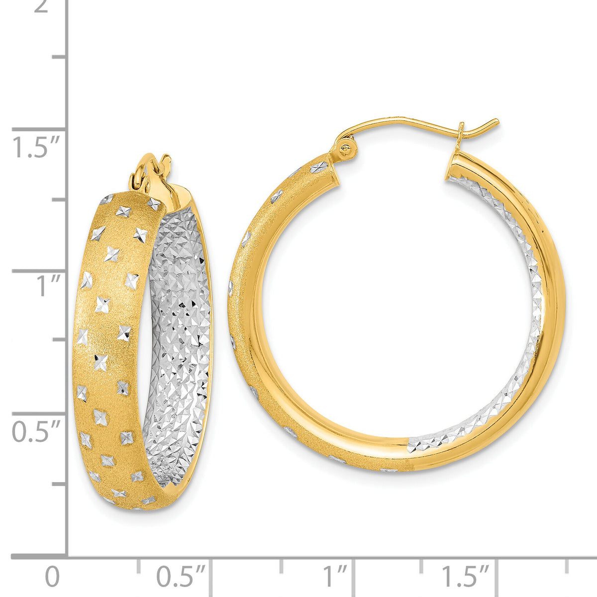 14k White Rhodium Polished Satin Diamond-cut In/Out Hoop Earrings-TF1045TT