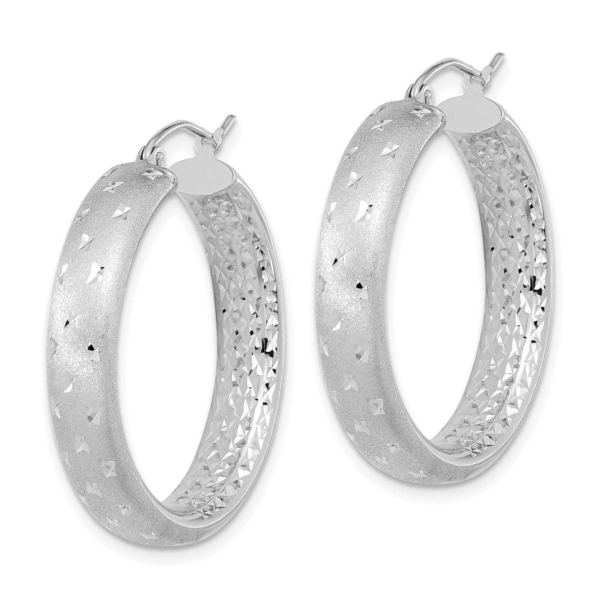 14k White Gold Polished Satin and Diamond-cut In/Out Hoop Earrings-TF1045W