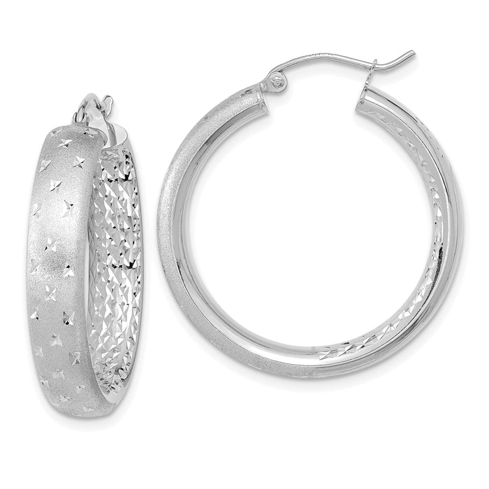 14k White Gold Polished Satin and Diamond-cut In/Out Hoop Earrings-TF1045W