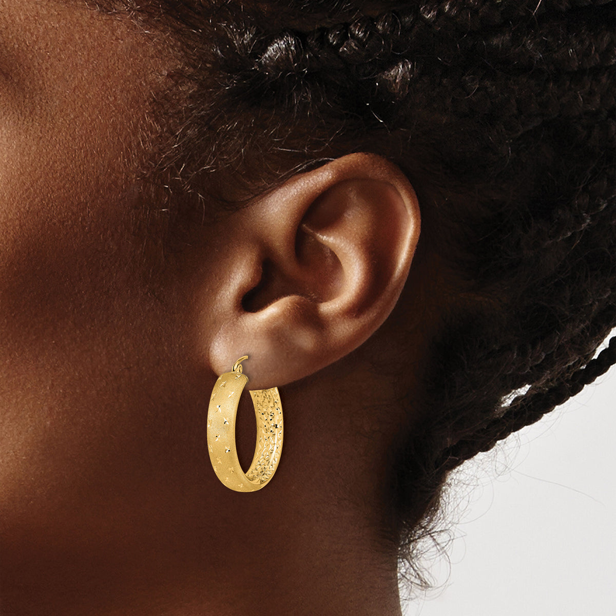 14k Polished Satin and Diamond-cut In/Out Hoop Earrings-TF1046
