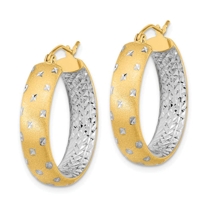 14k White Rhodium Polished Satin Diamond-cut In/Out Hoop Earrings-TF1046TT