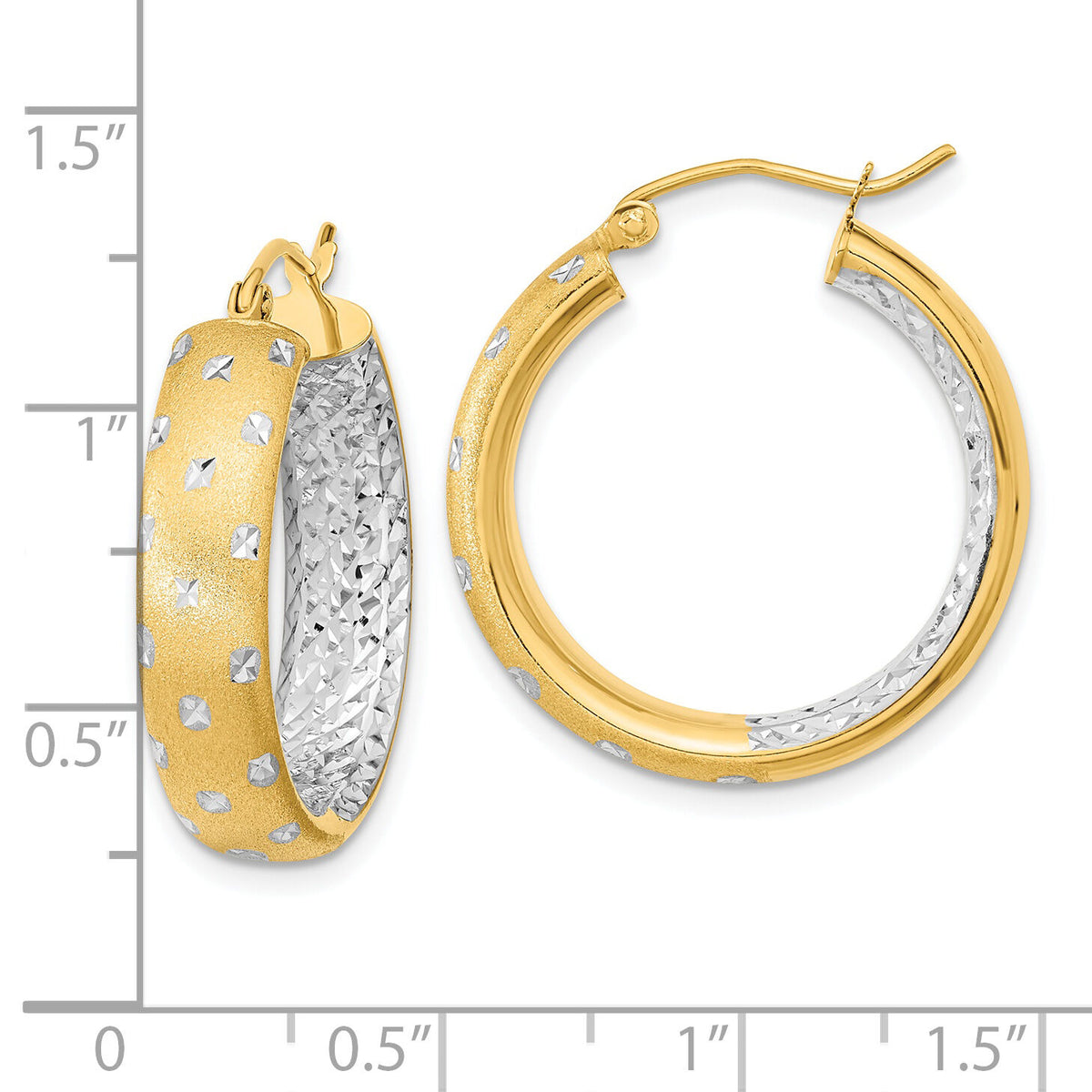 14k White Rhodium Polished Satin Diamond-cut In/Out Hoop Earrings-TF1046TT