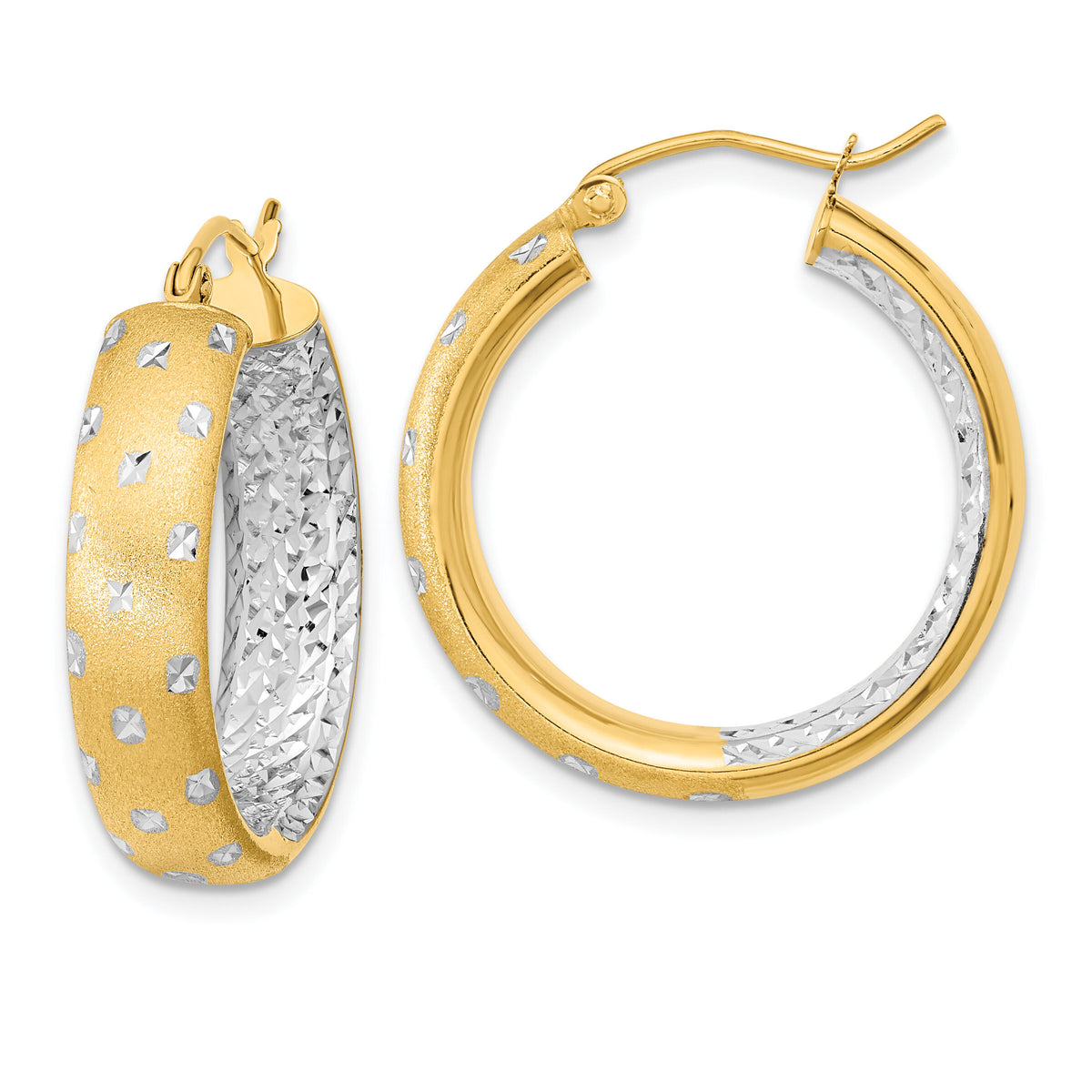 14k White Rhodium Polished Satin Diamond-cut In/Out Hoop Earrings-TF1046TT