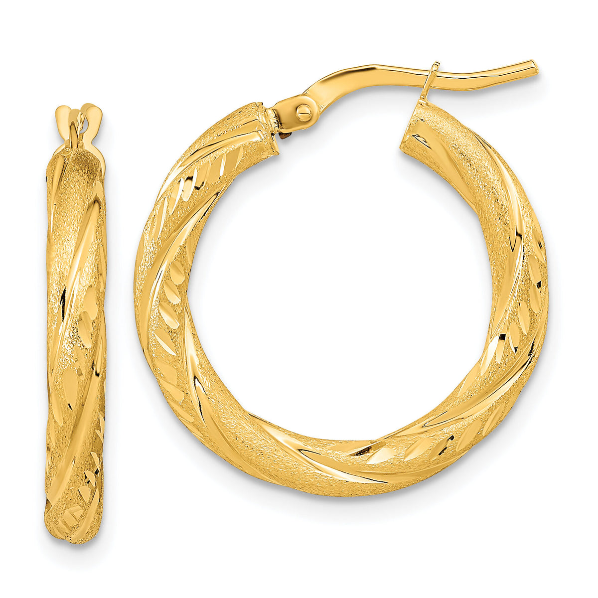 14k 3mm Polished & Satin D/C Hoop Earrings-TF1050