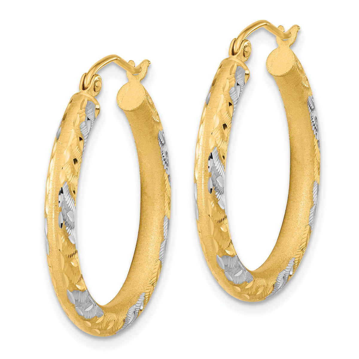 14k White Rhodium Diamond-cut Satin Hoop Earrings-TF1054