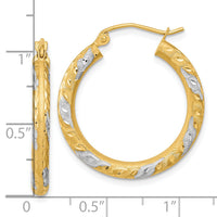 14k White Rhodium Diamond-cut Satin Hoop Earrings-TF1054