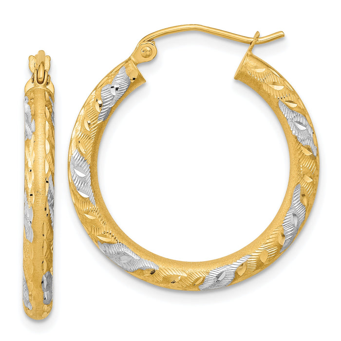 14k White Rhodium Diamond-cut Satin Hoop Earrings-TF1054
