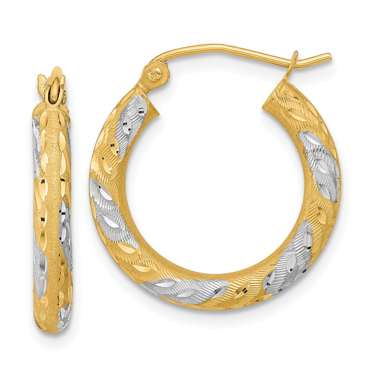 14k White Rhodium Diamond-cut Satin Hoop Earrings-TF1055