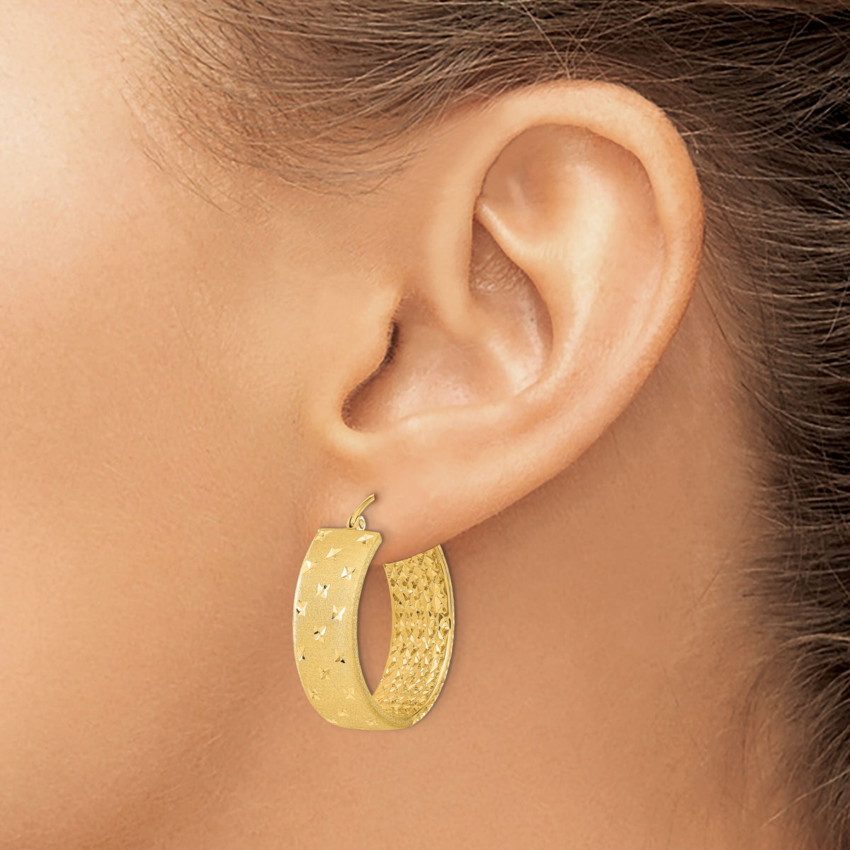14k Polished Satin and Diamond-cut Hoop Earrings-TF1056