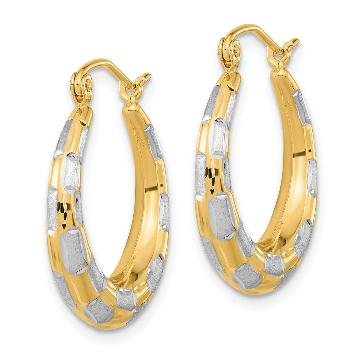 14k White Rhodium Polished Satin Diamond-cut Hoop Earrings-TF1084