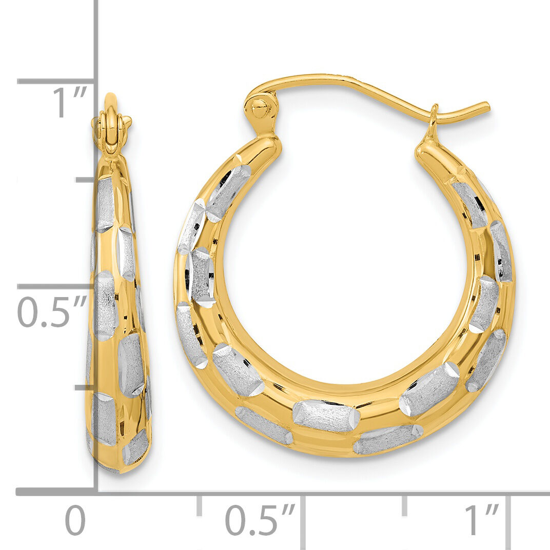14k White Rhodium Polished Satin Diamond-cut Hoop Earrings-TF1084