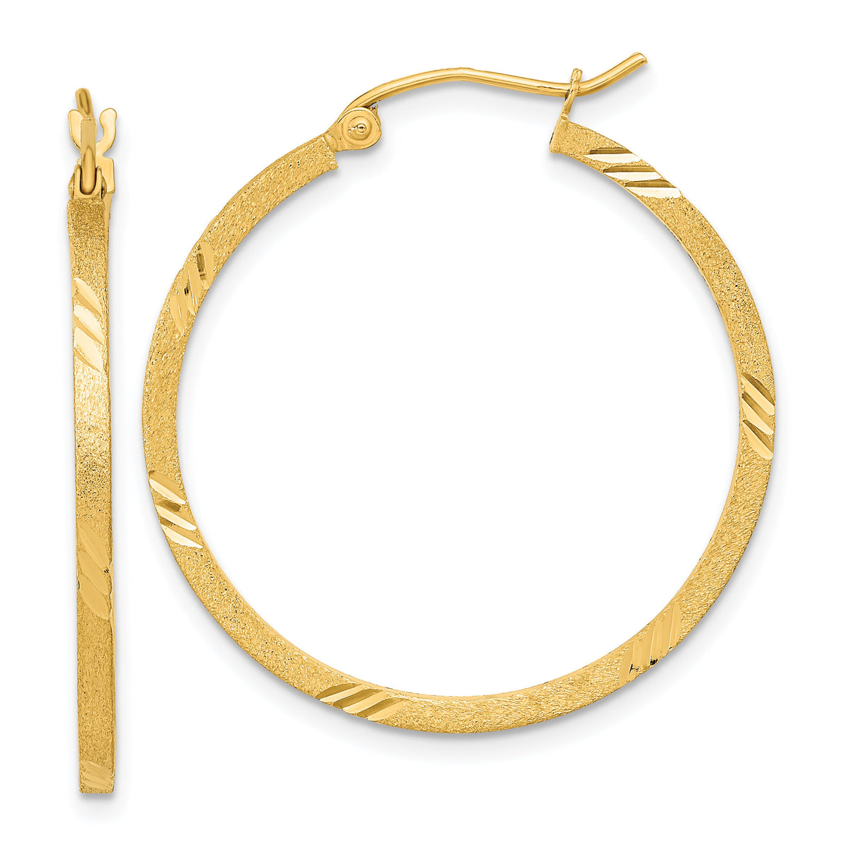 14k Satin Diamond-cut Square Tube Hoop Earrings-TF1089