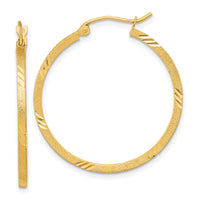 14k Satin Diamond-cut Square Tube Hoop Earrings-TF1089