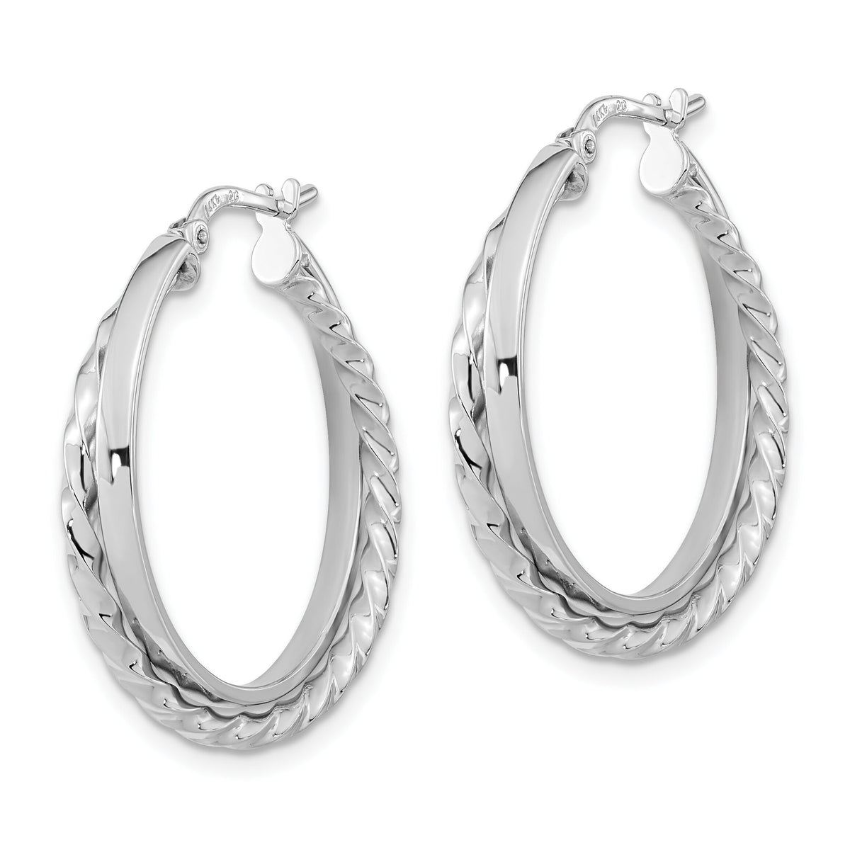 14K White Gold Polished and Textured Hinged Hoop Earrings-TF1101W