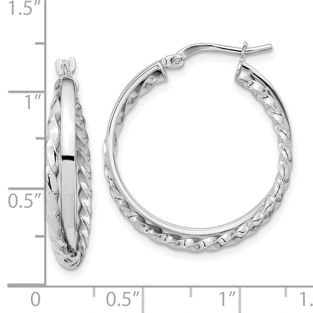 14K White Gold Polished and Textured Hinged Hoop Earrings-TF1101W