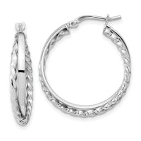 14K White Gold Polished and Textured Hinged Hoop Earrings-TF1101W