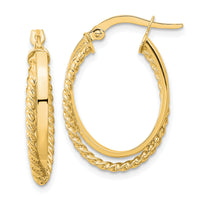 14K Polished & Textured Oval Hoop Earrings-TF1102