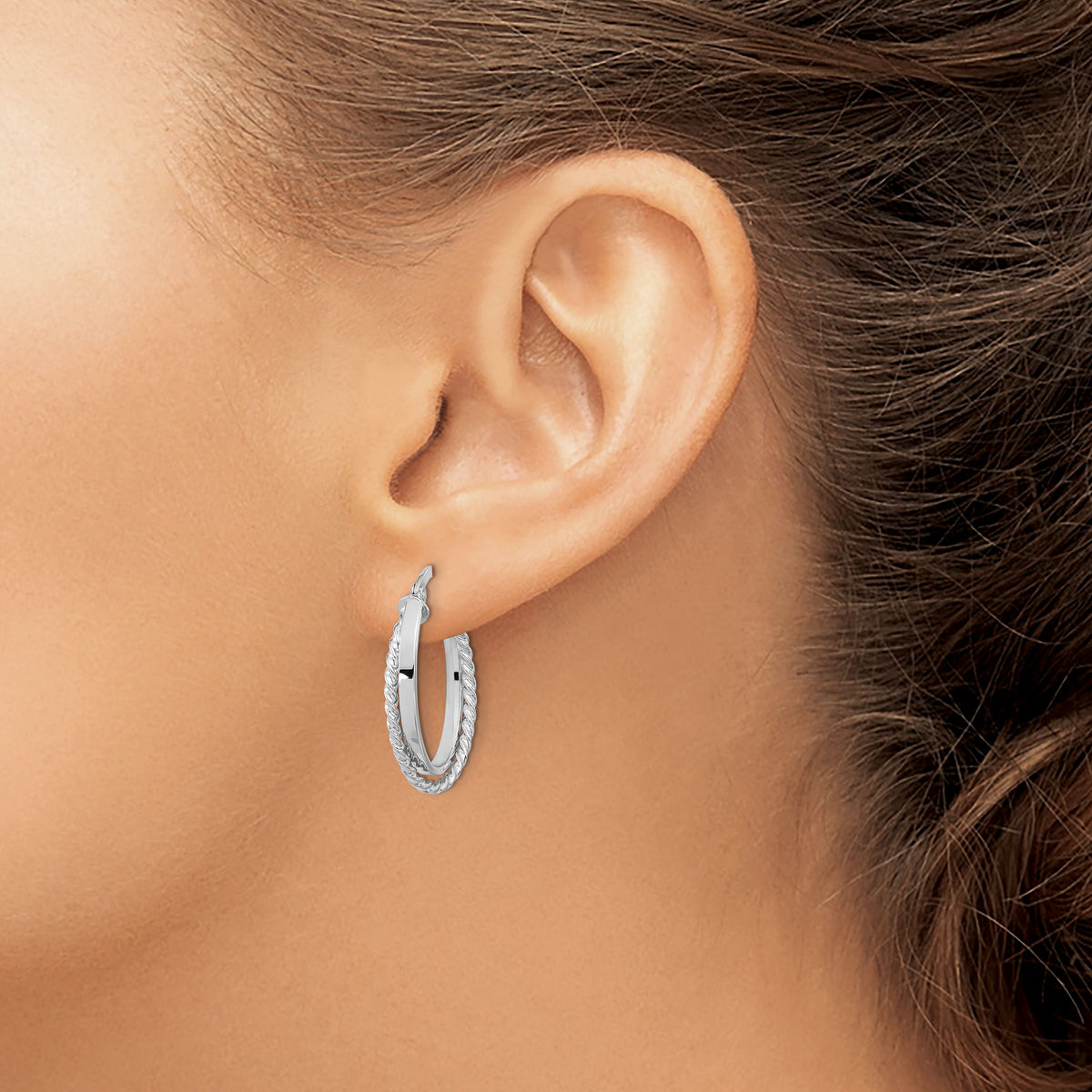 14K White Gold Polished and Textured Oval Hoop Earrings-TF1102W