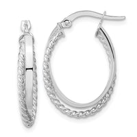 14K White Gold Polished and Textured Oval Hoop Earrings-TF1102W