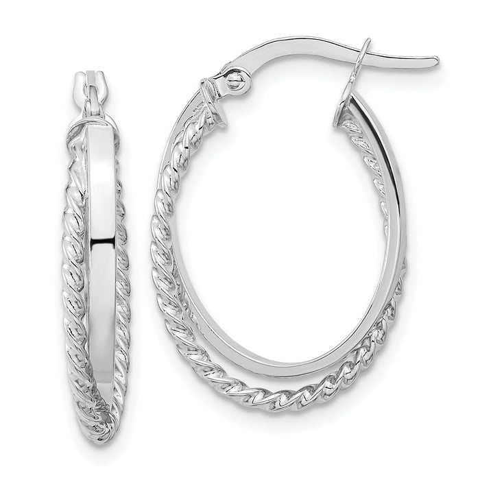 14K White Gold Polished and Textured Oval Hoop Earrings-TF1102W