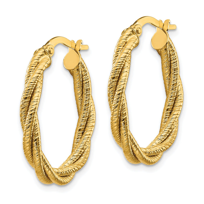 14k Polished Textured Twisted Oval Hoop Earrings-TF1107