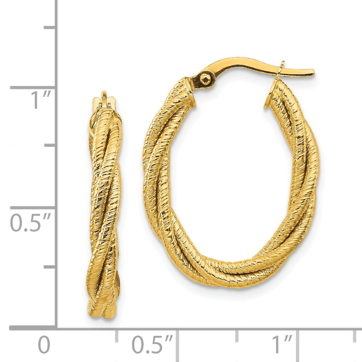 14k Polished Textured Twisted Oval Hoop Earrings-TF1107