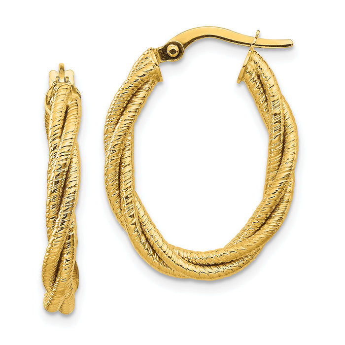 14k Polished Textured Twisted Oval Hoop Earrings-TF1107