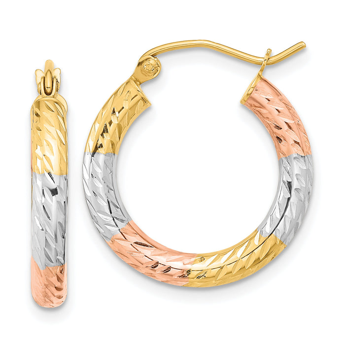 14k w/White and Rose Rhodium Polished Diamond-cut Hoop Earrings-TF1134