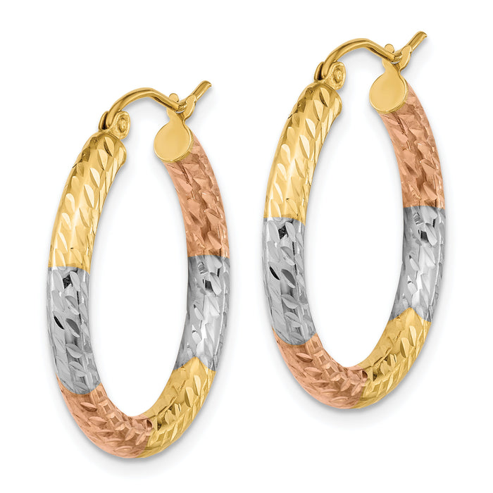 14k w/White and Rose Rhodium Polished Diamond-cut Hoop Earrings-TF1135