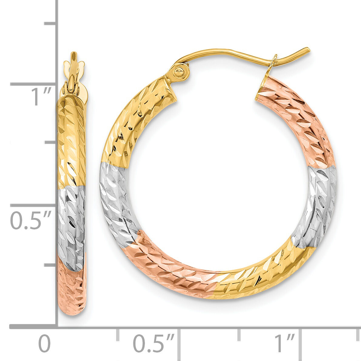 14k w/White and Rose Rhodium Polished Diamond-cut Hoop Earrings-TF1135
