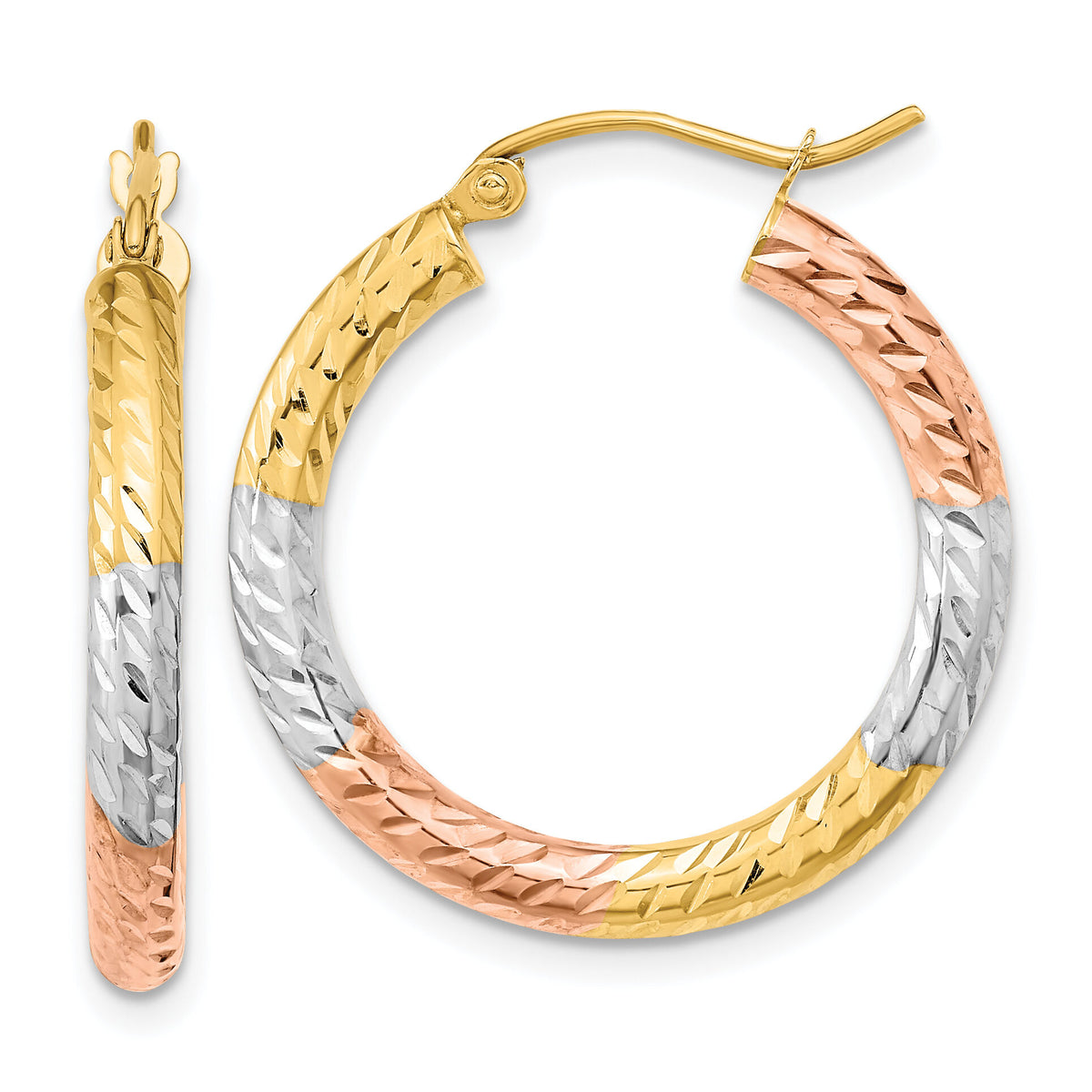 14k w/White and Rose Rhodium Polished Diamond-cut Hoop Earrings-TF1135
