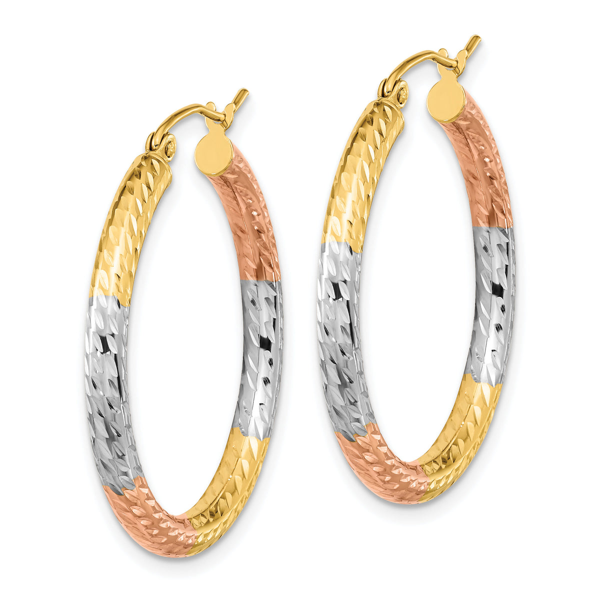 14k w/White and Rose Rhodium Polished Diamond-cut Hoop Earrings-TF1136