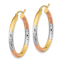 14k w/White and Rose Rhodium Polished Diamond-cut Hoop Earrings-TF1136