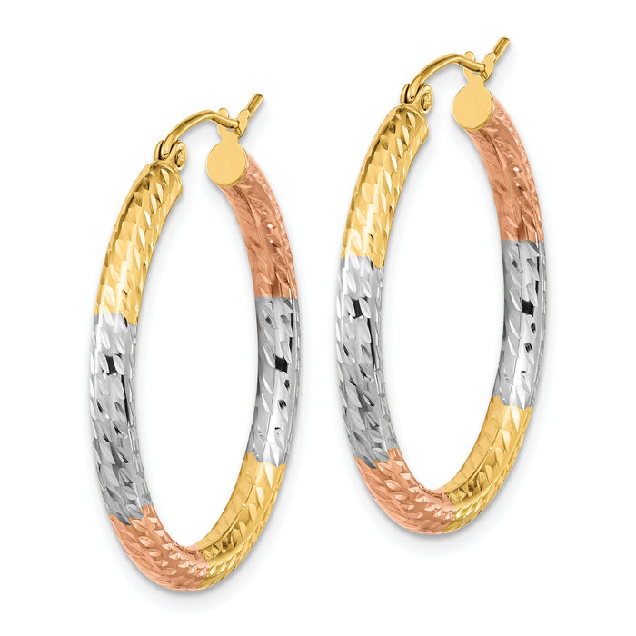 14k w/White and Rose Rhodium Polished Diamond-cut Hoop Earrings-TF1136