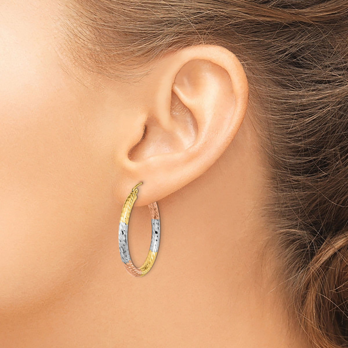 14k w/White and Rose Rhodium Polished Diamond-cut Hoop Earrings-TF1136
