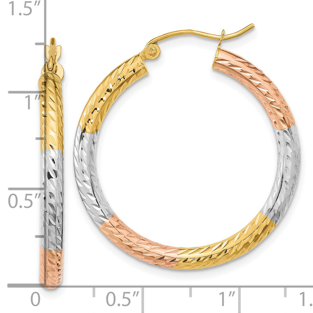 14k w/White and Rose Rhodium Polished Diamond-cut Hoop Earrings-TF1136