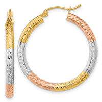 14k w/White and Rose Rhodium Polished Diamond-cut Hoop Earrings-TF1136