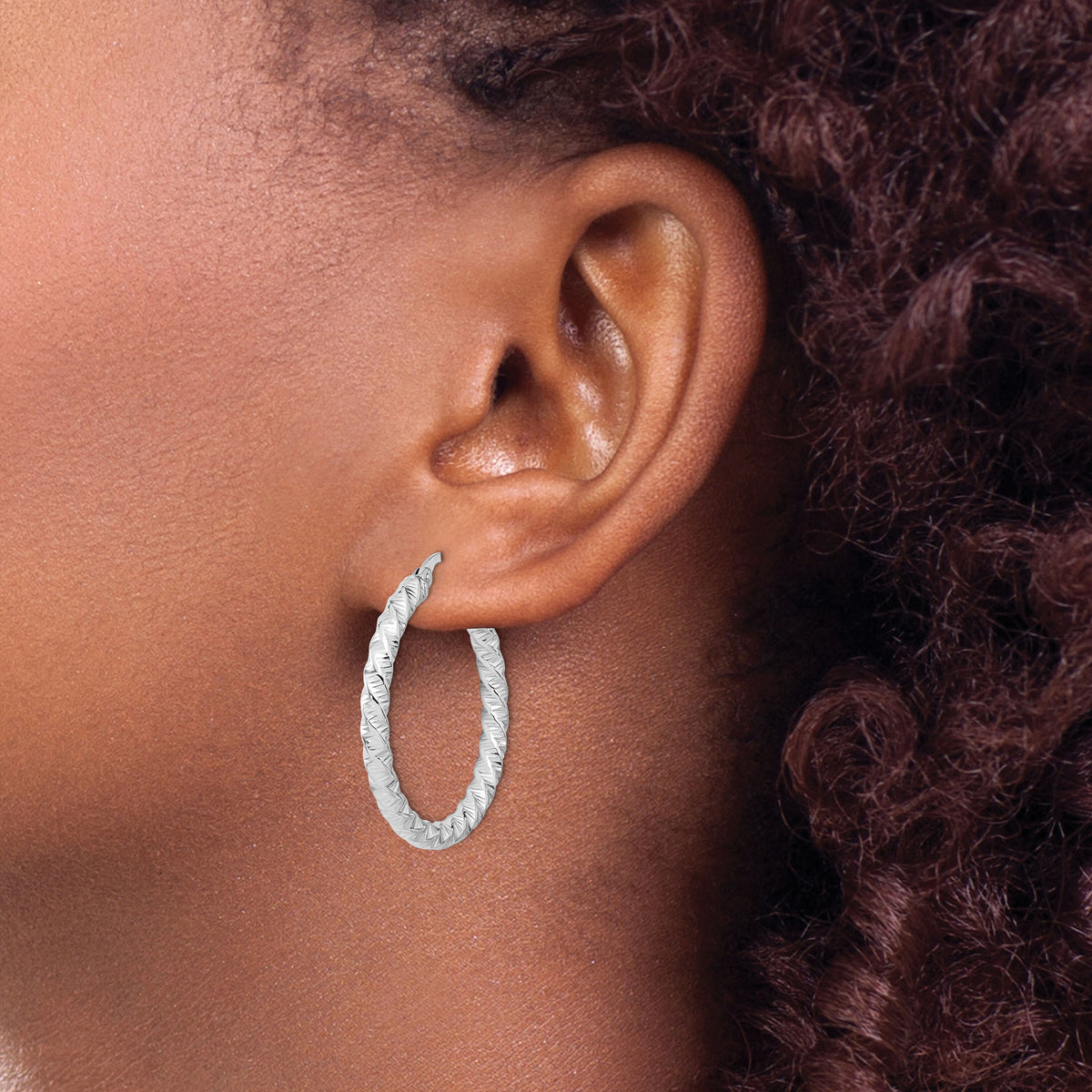 14k White Gold Polished 3mm Twisted Hoop Earrings-TF1146W