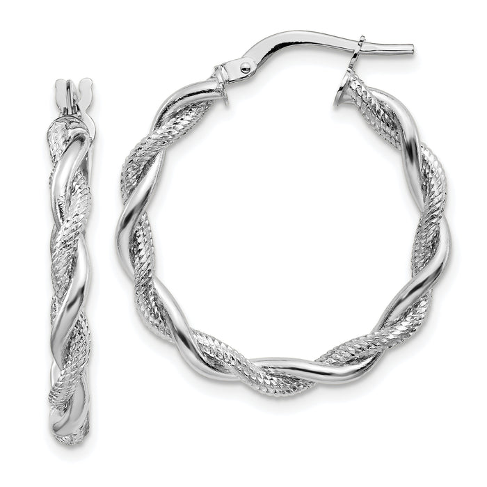 14k White Gold Medium 3mm Polished & Diamond-cut Twisted Hoops-TF1148W