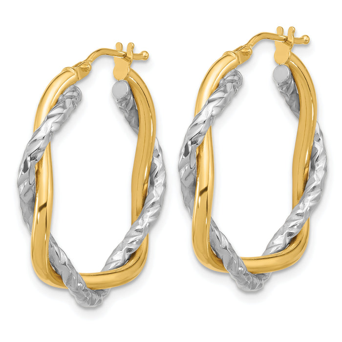 14k Two-tone Polished and Textured Twisted Hoop Earrings-TF1183