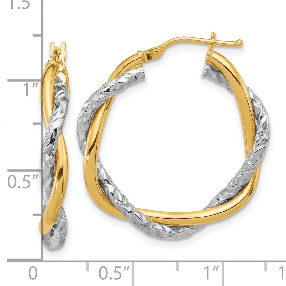 14k Two-tone Polished and Textured Twisted Hoop Earrings-TF1183