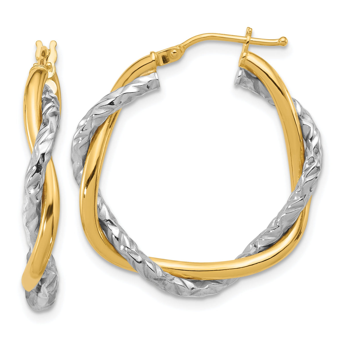 14k Two-tone Polished and Textured Twisted Hoop Earrings-TF1183